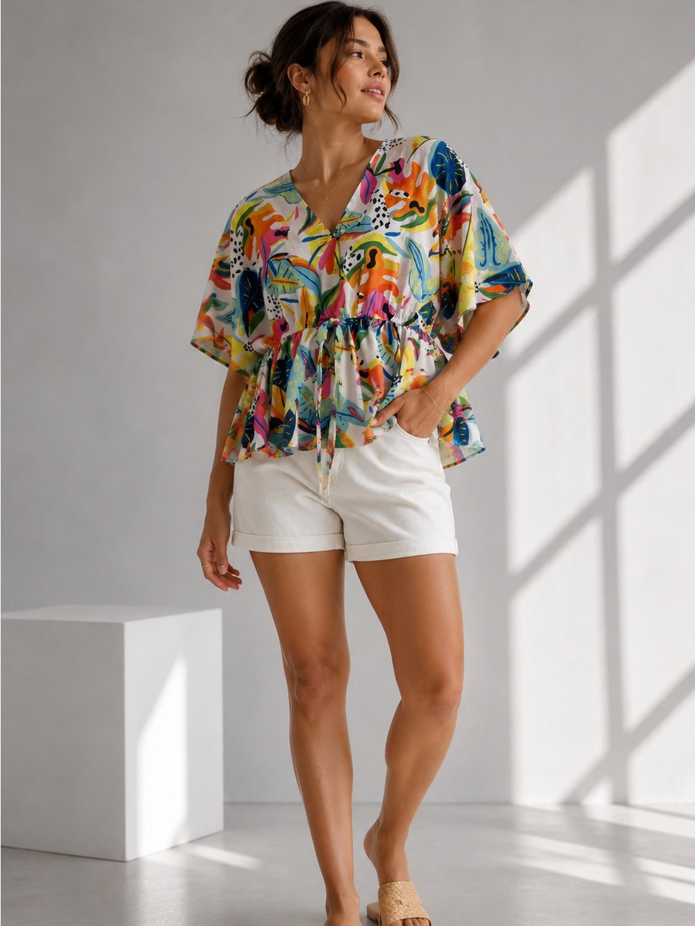 Sweet Rain Top Tropical Leaf Print Peplum Tie Waist Large Colorful Summer Boho - Picture 6 of 10